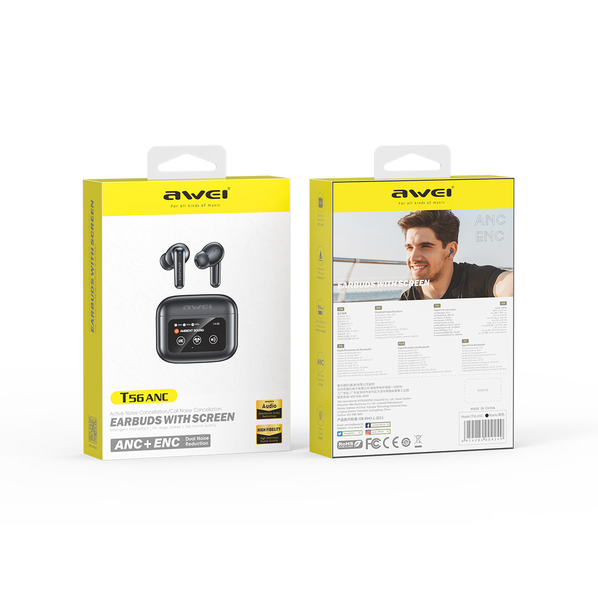 Auricolare Bluetooth con schermo touch a colori AWEI T56ANC